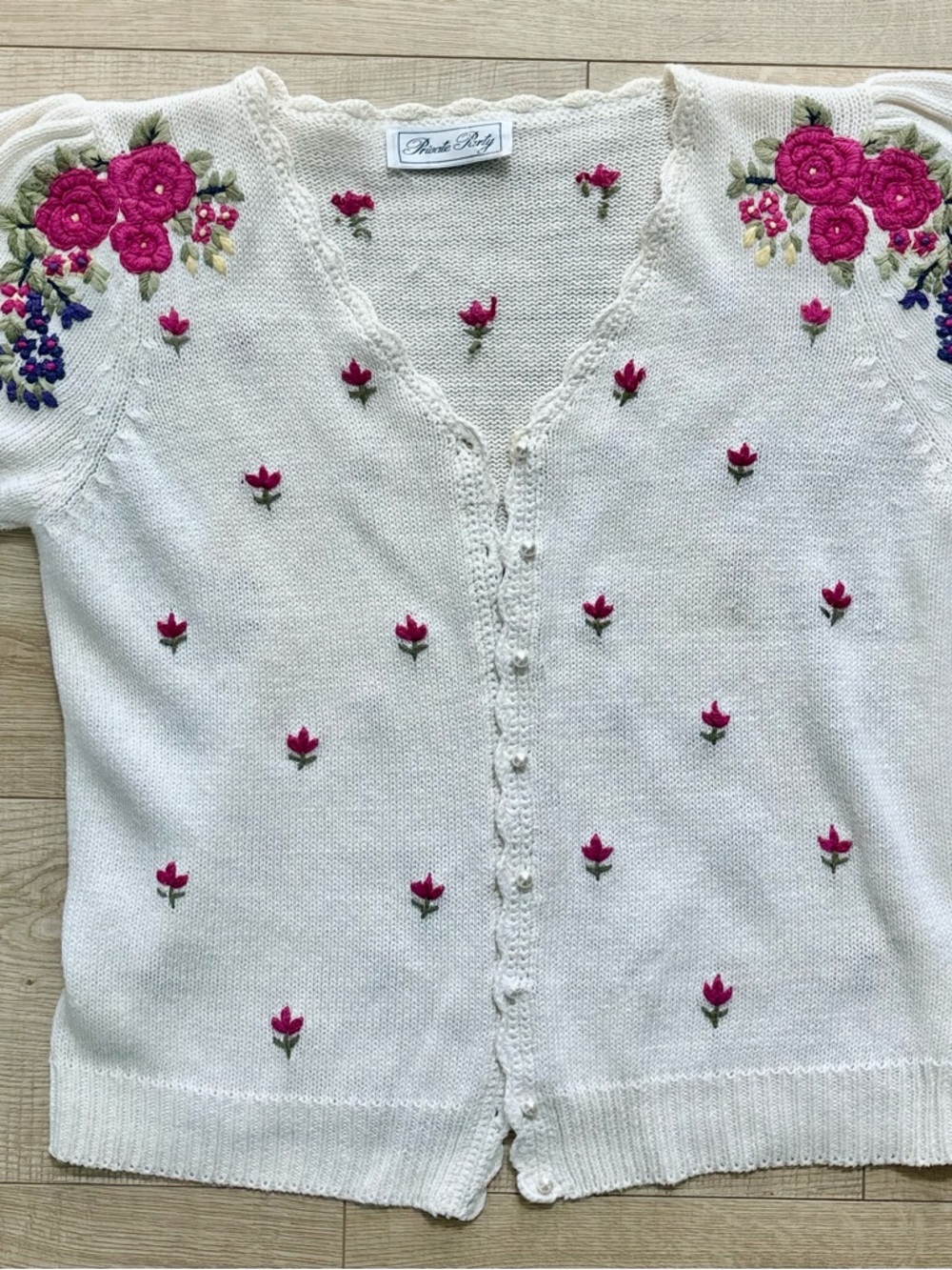 Cream Embroidered Floral Knit Cardigan Vintage Cottagecore Sweater Coquette